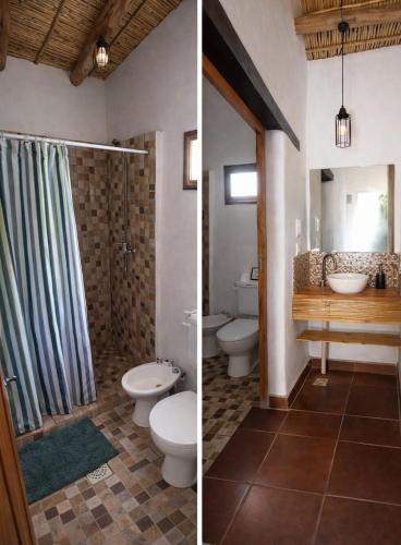 two pictures of a bathroom with two toilets and a shower at El Sueñero in Tilcara
