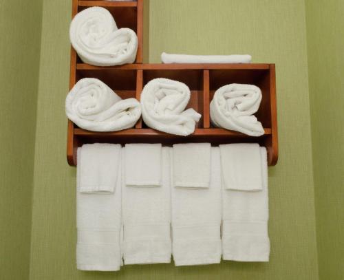 a towel rack with white towels on a wall at Hampton Inn Hickory in Hickory