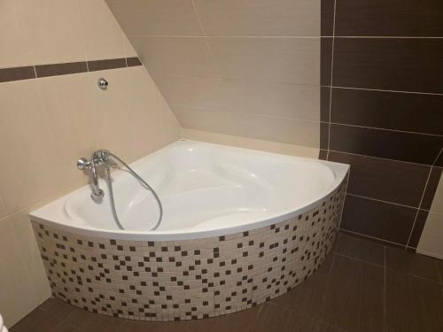 a bath tub with a shower in a bathroom at La Kozica in Kościelisko