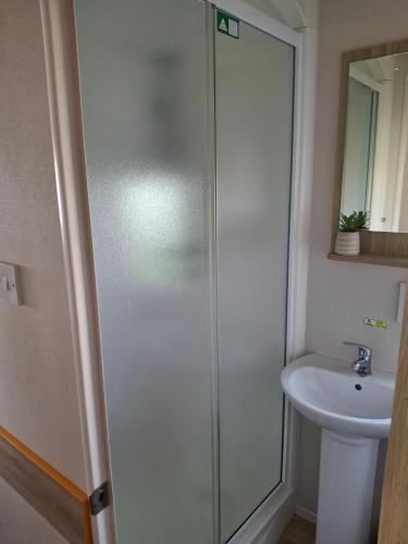 a bathroom with a shower and a sink at Buckingham Breeze Haven Caravan Hire Marton Mere Blackpool in Marton