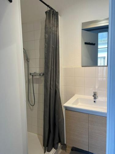 a bathroom with a shower curtain and a sink at Studio à 350m de la gare in Tours