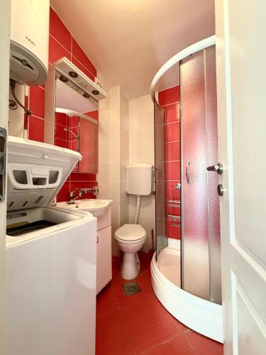 a bathroom with a toilet and a sink and a shower at Apartment 365 in Tivat