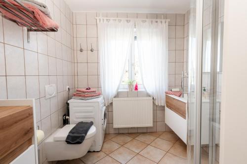 a small bathroom with a toilet and a sink at Pension Kohlweg - Free Parking, Garden and air conditioning in Graz