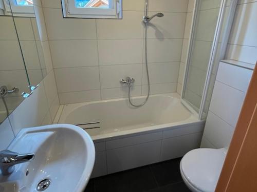 a bathroom with a sink and a shower and a toilet at Villa Sonnenblick in Kötschach