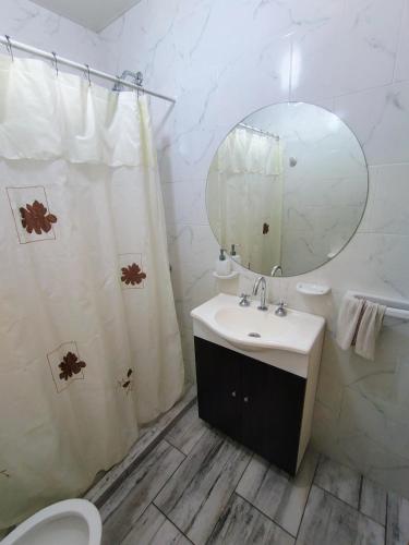 a bathroom with a sink and a mirror at La Candela in Olavarría