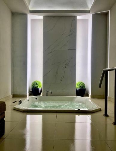 a bathroom with a tub with two potted plants at Hotel Velario in Tijuana
