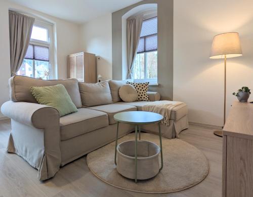 a living room with a couch and a table at Oberlausitz Glück - gemütliche Ferienwohnung in ruhiger Lage mit Garten und Kamin in Sohland