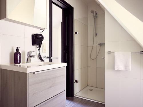 a bathroom with a sink and a shower at Doppelhaushälften im Naturresort Drewitz in Drewitz
