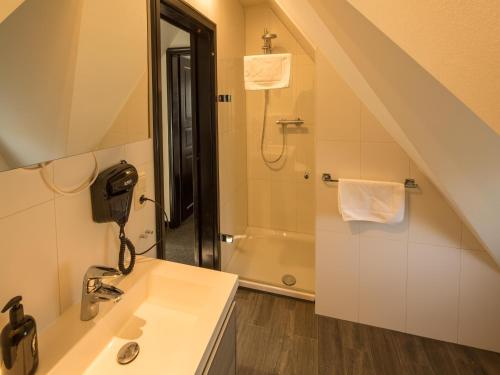 a bathroom with a sink and a shower at Ferienhäuser im Naturresort Drewitz in Drewitz
