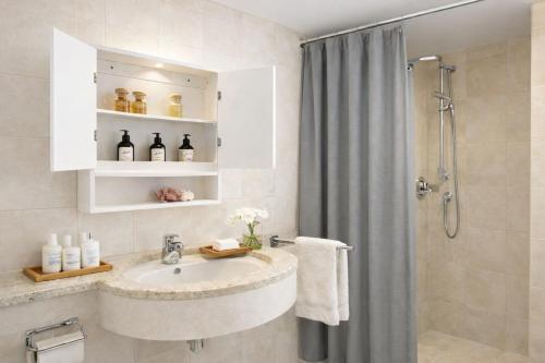 a bathroom with a sink and a shower at Maison d'Hortense - Chalet le Renard in Hérémence