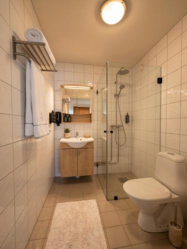 a bathroom with a shower and a toilet and a sink at Ekenäs Havshotell Koster in Sydkoster