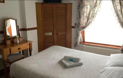 a bedroom with a bed with a mirror and a sink at Dover's Restover Bed & Breakfast in Dover