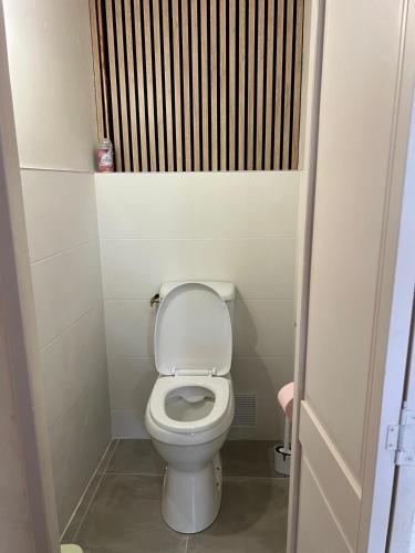 a small bathroom with a toilet with the lid up at renaissance larmane in Eugénie-les-Bains