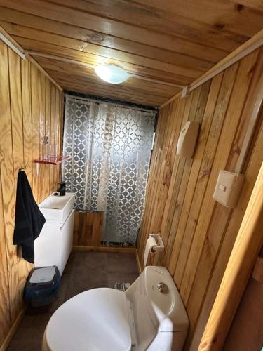 ein Badezimmer mit weißer Toilette und Waschbecken in der Unterkunft tiny house DyL in Puerto Montt