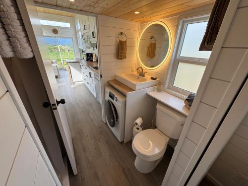 a bathroom with a toilet and a sink and a mirror at Mountain View Retreat in Creston