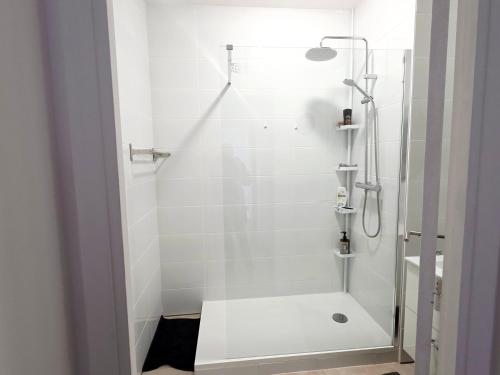 a bathroom with a shower with a glass door at Chambre 1 in Toulouse