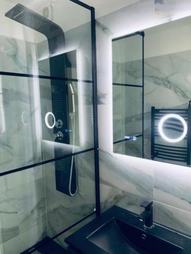 a bathroom with a shower with a sink and a mirror at Buda Side Comfort in Budapest