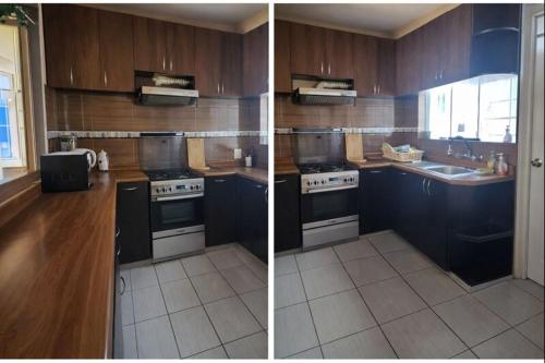two pictures of a kitchen with a sink and a stove at Refugio del Lago in Puno