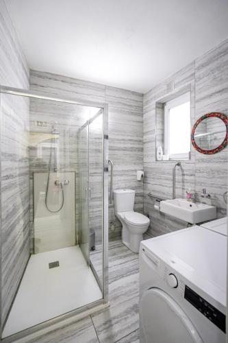 a bathroom with a shower and a toilet and a sink at The Oyster - F in Il-Furjana