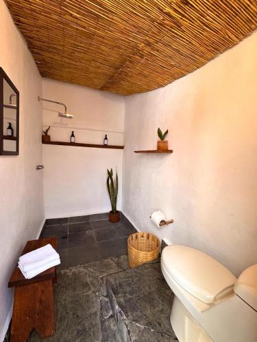 a room with a toilet and a shelf on the wall at Umbral Habitación Rústica con Desayuno Incluido in Tepoztlán