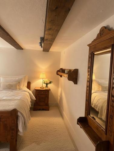 a bedroom with a large mirror and a bed at Panoramic apartment with charming swiss interior in Wädenswil