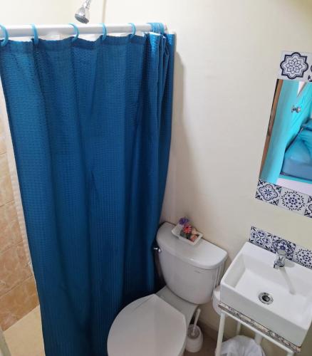 a bathroom with a toilet and a blue shower curtain at Acuarela Hostal in Playa Blanca