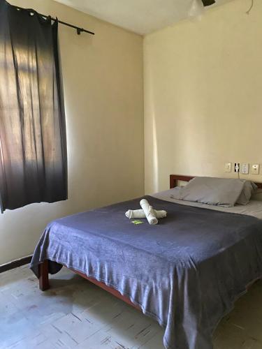 a bedroom with a bed with a stuffed animal on it at Hotel no centro in Sete Lagoas