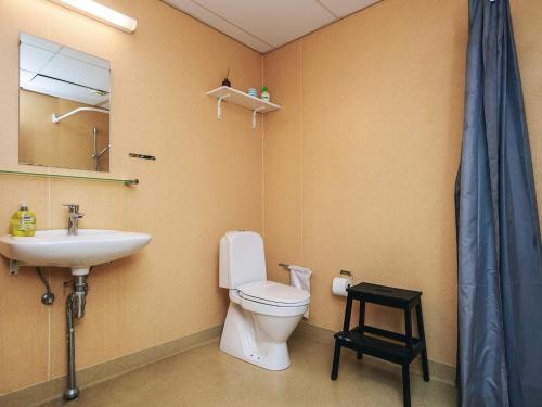 a bathroom with a toilet and a sink and a mirror at 4 person holiday home on a holiday park in Hejls in Hejls