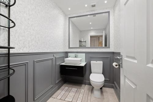 a bathroom with a toilet and a sink and a mirror at Dublin Premier Oasis in Ráth Cúil