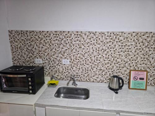 a kitchen counter with a sink and a microwave at Departamentos Los Árboles in San Francisco del Monte de Oro