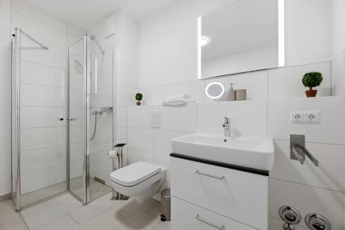 a white bathroom with a toilet and a sink at Bernsteinquartier, Whg 01 03 in Kölpinsee