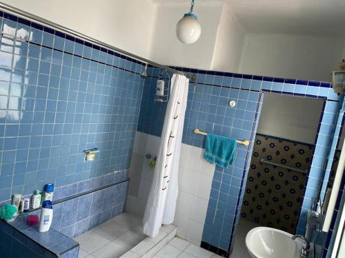 ein blau gefliestes Badezimmer mit Dusche und Waschbecken in der Unterkunft Casa Luna in Mexiko-Stadt