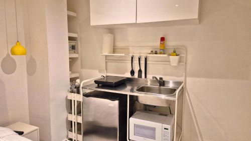 a small kitchen with a sink and a microwave at Casa Ama in Mexico City