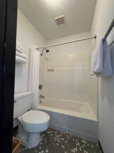 a bathroom with a toilet and a bath tub at Home Suites in Thief River Falls
