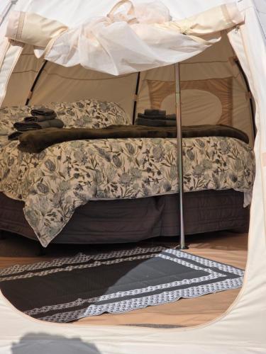 a bed in a tent with a mat under it at Blue Aster Retreat in Mokau