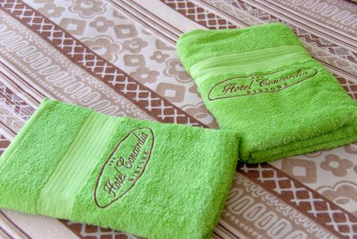 two green towels sitting on top of a table at Hotel Concordia 3S in Bibione