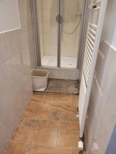 a bathroom with a shower and a toilet at Lee 42,8 in Bremerhaven