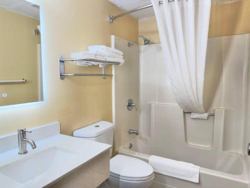 a bathroom with a toilet and a sink and a shower at Econo Lodge Lansing - Leavenworth in Lansing