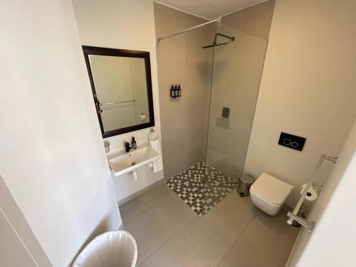 a bathroom with a shower and a sink and a toilet at Central Apartment at Bismarck5 in Swakopmund