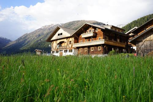 a large wooden house in a field of tall grass at Unterhabererhof in Santa Maddalena in Casies