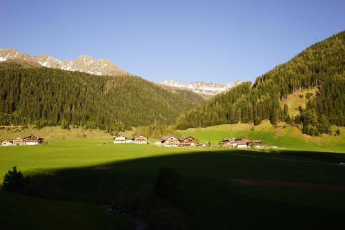 a green field with houses and mountains in the background at Unterhabererhof in Santa Maddalena in Casies
