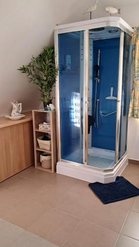 a bathroom with a shower with a glass door at Aux Volets Bleus in Sibiril