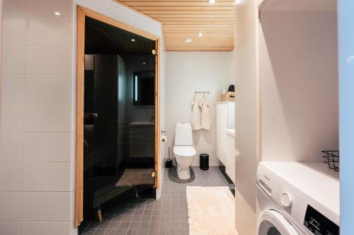 a bathroom with a toilet and a walk in shower at Arctic Circle Holiday Homes in Rovaniemi