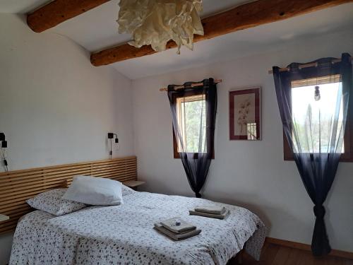 a bedroom with a bed and two windows at L'oustalet du Luberon in Cadenet