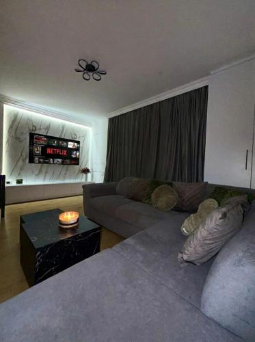 a living room with a couch and a tv at Acasa Concept in Arad