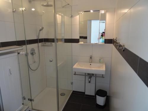 a bathroom with a shower and a sink at Meerblick 1 in Sierksdorf