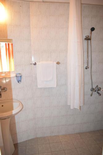 a bathroom with a shower with a sink and a towel at Hotel Trakia in Plovdiv