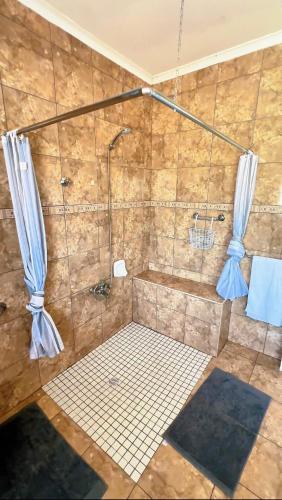 un bagno con doccia con tende blu di Pangolin self-catering accommodation a Windhoek