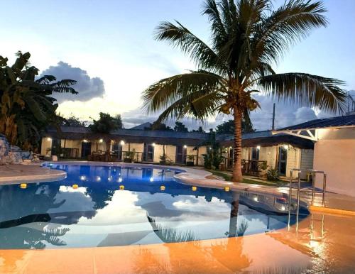 a large swimming pool with a palm tree in front of a building at Cocomango's Resort in Taporok