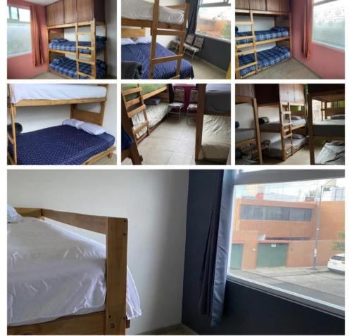 a group of four pictures of a room with bunk beds at Hostal el búho Morelia in Morelia
